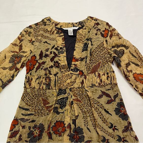 Diane Von Furstenberg Silk Brown Sheer Sleeves Knee Length Floral Dress Size 4 - Picture 3 of 13